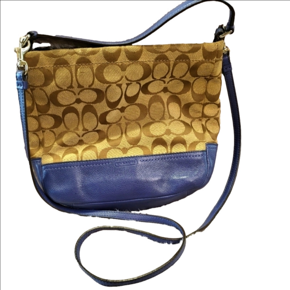Coach Signature C Logo Brown Canvas Blue Leather Crossbody Shoulder Bag